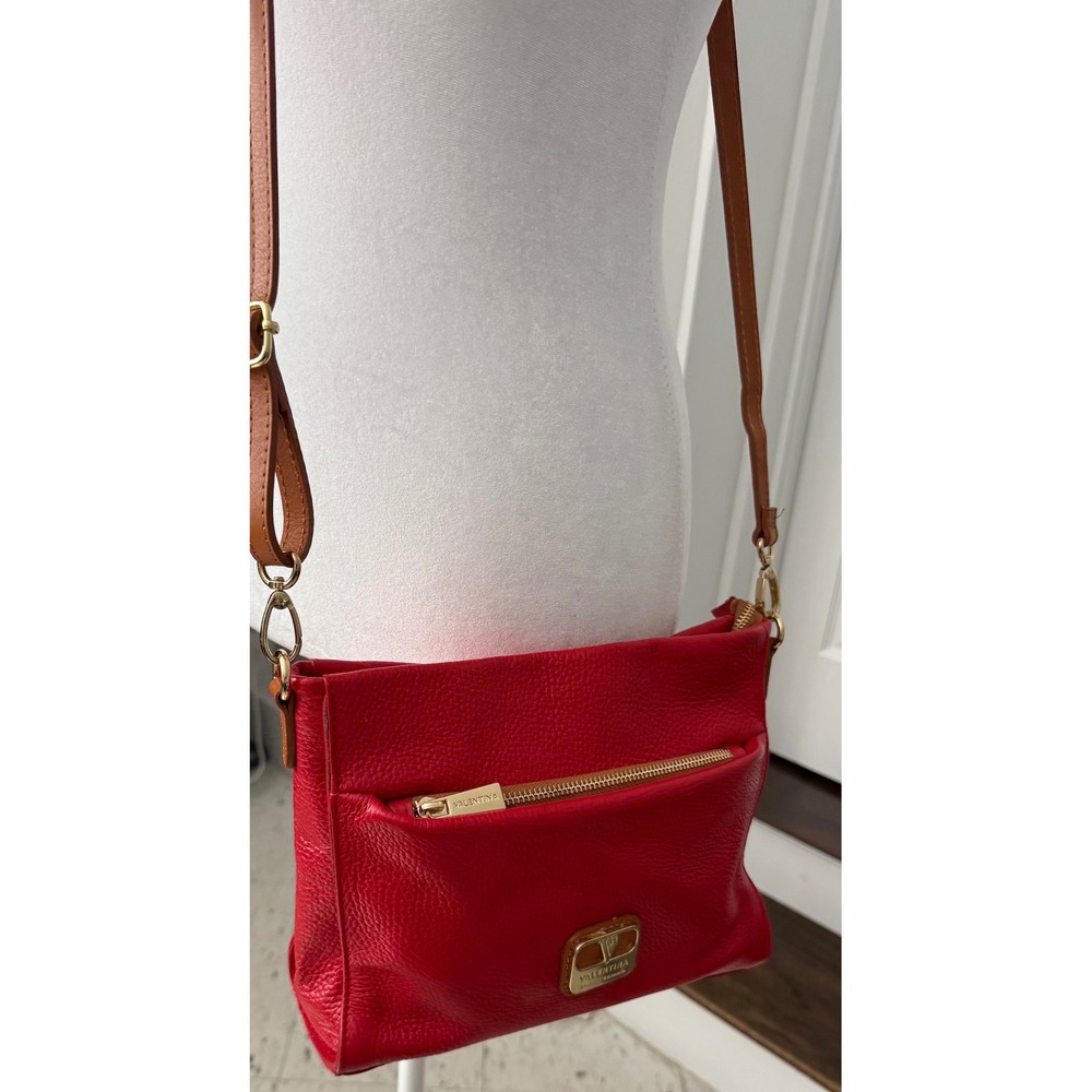Valentina Red Pebbled Leather Crossbody Bag Gold Hardware Italian Made Handbag
